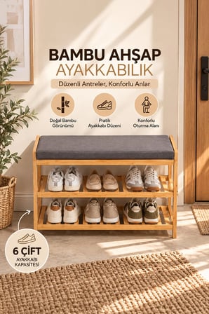 Porsima Pbt-875 Minderli Bambu Ahşap Ayakkabılık 69 Cm - 2 Raflı Oturaklı Antre Pufu & Ayakkabı Düzenleyici Raflık (6 Çift Kapasiteli)