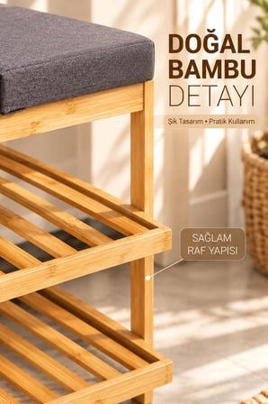 Porsima Pbt-875 Minderli Bambu Ahşap Ayakkabılık 69 Cm - 2 Raflı Oturaklı Antre Pufu & Ayakkabı Düzenleyici Raflık (6 Çift Kapasiteli)