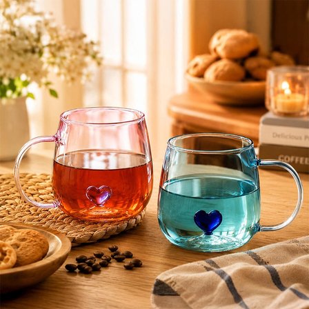 Porsima PBT-707 Dream Love Hearts - 400ml Romantik Kalp Tasarımlı 2'li Renkli Borosilikat Cam Kupa Seti
