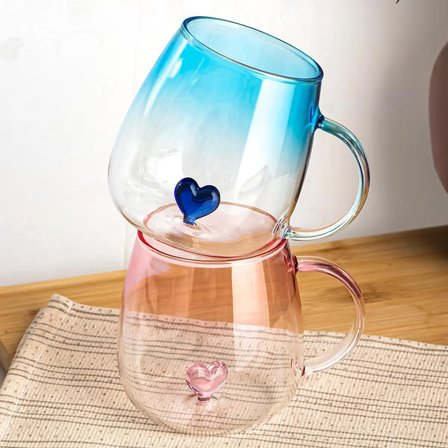 Porsima PBT-707 Dream Love Hearts - 400ml Romantik Kalp Tasarımlı 2'li Renkli Borosilikat Cam Kupa Seti