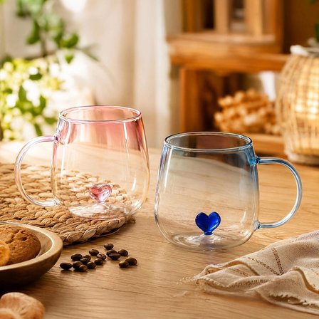 Porsima PBT-707 Dream Love Hearts - 400ml Romantik Kalp Tasarımlı 2'li Renkli Borosilikat Cam Kupa Seti