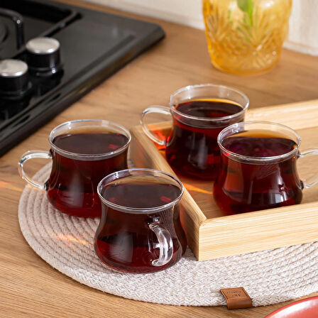 Porsima Pbt-706 Borosilikat Isıya Ateşe Dayanıklı Cam Kulplu 4lü Çay Bardağı Kahve Bardak Seti Kupa Şeffaf 250ml