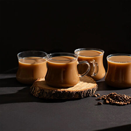 Porsima Pbt-706 Borosilikat Isıya Ateşe Dayanıklı Cam Kulplu 4lü Çay Bardağı Kahve Bardak Seti Kupa Şeffaf 250ml