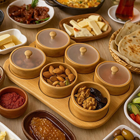 Porsima Pbt-693 Tepsili 6lı Bambu Kahvaltılık Saklama Kabı Kapaklı Saklama Kabı Kapaklı Kahvaltılık Seti