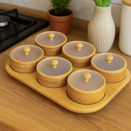 Porsima Pbt-693 Tepsili 6lı Bambu Kahvaltılık Saklama Kabı Kapaklı Saklama Kabı Kapaklı Kahvaltılık Seti