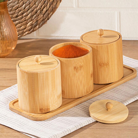 Porsima Pbt-604 Bambu Çok Amaçlı Standlı Saklama Kabı Organizer 4 Parça Baharat Seti