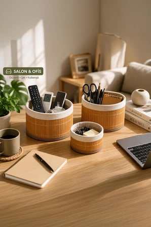 Porsima 3lü Yuvarlak Hasır Sepet Seti Kapaklı Bambu Banyo Mutfak Düzenleyici Organizer Pbt-598