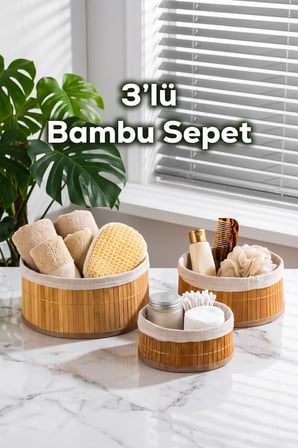 Porsima 3lü Yuvarlak Hasır Sepet Seti Kapaklı Bambu Banyo Mutfak Düzenleyici Organizer Pbt-598