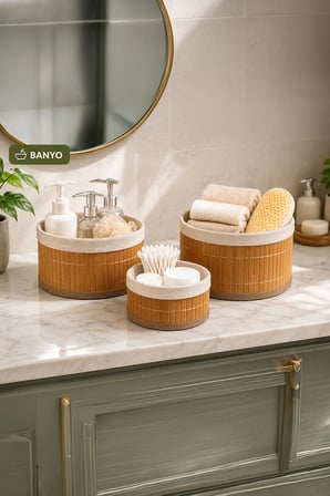 Porsima 3lü Yuvarlak Hasır Sepet Seti Kapaklı Bambu Banyo Mutfak Düzenleyici Organizer Pbt-598