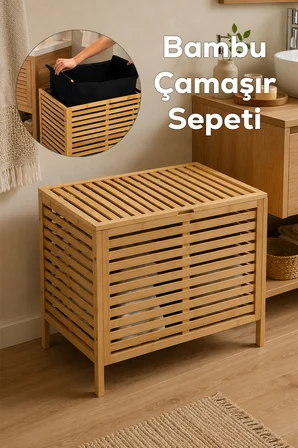 Porsima Pbt-510 Kapaklı Keten Torbalı Bambu Kirli Çamaşır Sepeti - Organizeri 37,5x53,5x60 cm