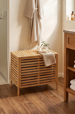 Porsima Pbt-510 Kapaklı Keten Torbalı Bambu Kirli Çamaşır Sepeti - Organizeri 37,5x53,5x60 cm