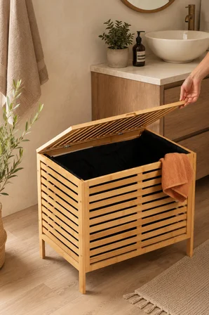 Porsima Pbt-510 Kapaklı Keten Torbalı Bambu Kirli Çamaşır Sepeti - Organizeri 37,5x53,5x60 cm