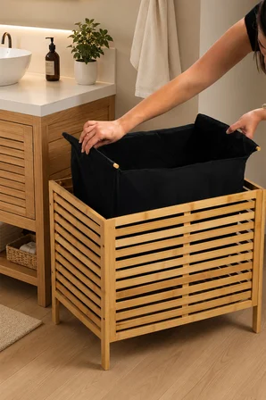 Porsima Pbt-510 Kapaklı Keten Torbalı Bambu Kirli Çamaşır Sepeti - Organizeri 37,5x53,5x60 cm
