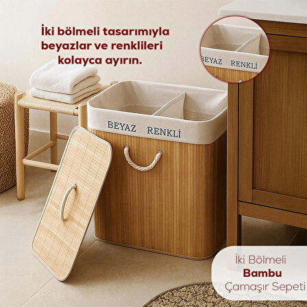 Porsima Pbt-440 Çift Bölmeli Kapaklı Kirli Çamaşır Sepeti Dikdörtgen - İki Bölmeli Bambu Kirli Çamaşır Sepeti