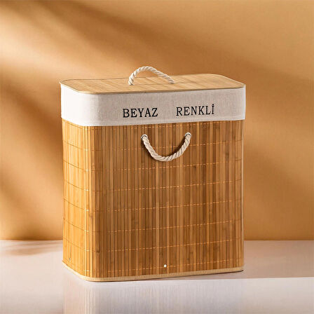 Porsima Pbt-440 Çift Bölmeli Kapaklı Kirli Çamaşır Sepeti Dikdörtgen - İki Bölmeli Bambu Kirli Çamaşır Sepeti