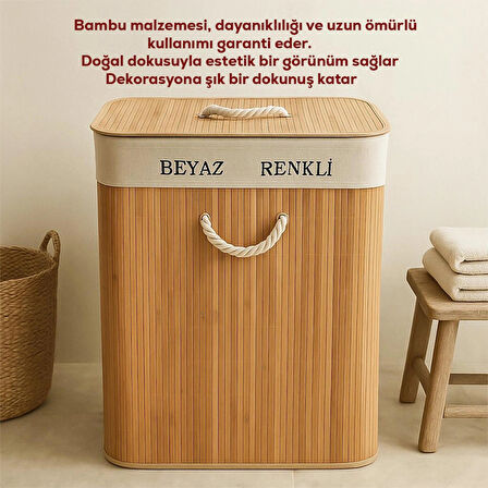 Porsima Pbt-440 Çift Bölmeli Kapaklı Kirli Çamaşır Sepeti Dikdörtgen - İki Bölmeli Bambu Kirli Çamaşır Sepeti