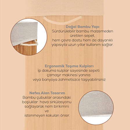 Porsima Pbt-440 Çift Bölmeli Kapaklı Kirli Çamaşır Sepeti Dikdörtgen - İki Bölmeli Bambu Kirli Çamaşır Sepeti