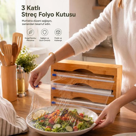 porsima pbt-418 bambu 3 katlı slayt bıçaklı streç film, alüminyum folyo ve pişirme kağıdı kesici mutfak düzenleyici kutu