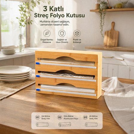 porsima pbt-418 bambu 3 katlı slayt bıçaklı streç film, alüminyum folyo ve pişirme kağıdı kesici mutfak düzenleyici kutu