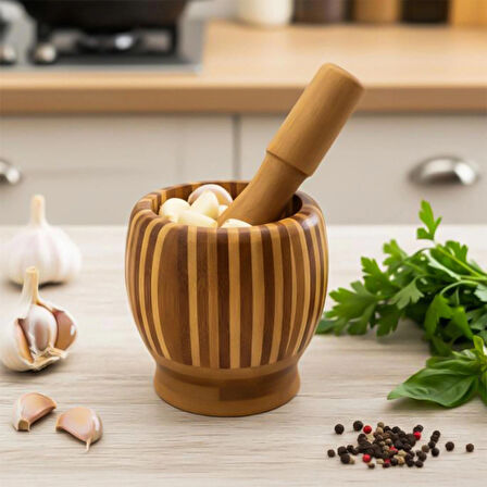 Porsima Pbt-409 Doğal Bambu Havan - Sarımsak Döveceği Ahşap Sarımsak Ezici Havan Döveç