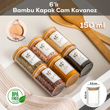 Porsima 3178 Cam 6 Parça Vakumlu Bambu Kapaklı Baharatlık Seti Takımı, Saklama Kabı Etiketli (150ml)