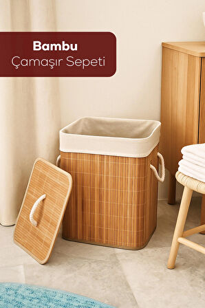 Porsima Pbt-053 Kapaklı Kirli Çamaşır Sepeti Dikdörtgen - Bambu Kirli Çamaşır Sepeti