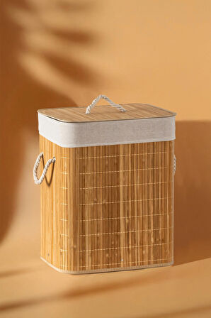 Porsima Pbt-053 Kapaklı Kirli Çamaşır Sepeti Dikdörtgen - Bambu Kirli Çamaşır Sepeti