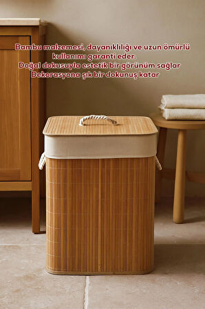 Porsima Pbt-053 Kapaklı Kirli Çamaşır Sepeti Dikdörtgen - Bambu Kirli Çamaşır Sepeti