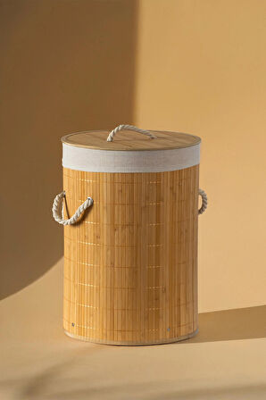 Porsima Pbt-052 Kapaklı Kirli Çamaşır Sepeti Yuvarlak - Bambu Kirli Çamaşır Sepeti