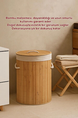 Porsima Pbt-052 Kapaklı Kirli Çamaşır Sepeti Yuvarlak - Bambu Kirli Çamaşır Sepeti