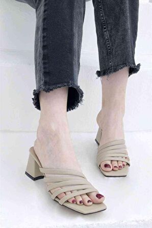 5 Bant Topuklu Kadın Terlik - Vizon