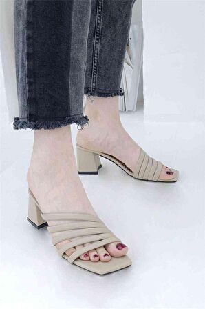 5 Bant Topuklu Kadın Terlik - Vizon