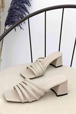 5 Bant Topuklu Kadın Terlik - Vizon