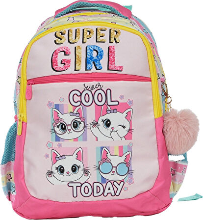 Pippa Kız Çocuk Üç Gözlü Pembe/Sarı İlkokul Üçlü Okul Çanta Seti - Super Girl - PPSET5220