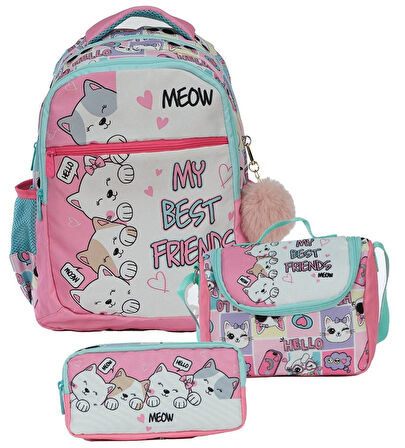 Pippa Kız Çocuk Üç Gözlü Pembe Beyaz İlkokul Üçlü Okul Çanta Seti - Sevimli Kediler - PPSET5200