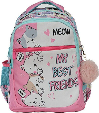 Pippa Kız Çocuk Üç Gözlü Pembe Beyaz İlkokul Üçlü Okul Çanta Seti - Sevimli Kediler - PPSET5200