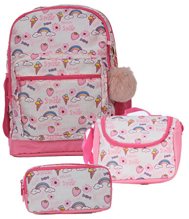 Pippa Kız Çocuk Üç Gözlü Pembe İlkokul Üçlü Okul Çanta Seti - Dondurma ve Gökkuşağı - PPSET5310