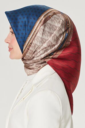 Armine 90 x90 Kırmızı -Lacivert-Kahve  Nostalji Serisi Sura ipek Eşarp %100 Pure Silk 8519 34