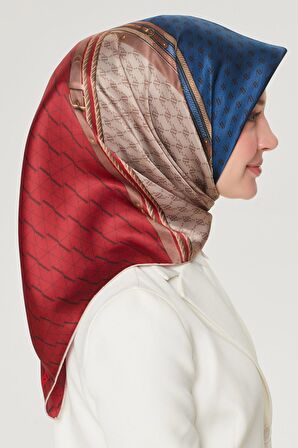 Armine 90 x90 Kırmızı -Lacivert-Kahve  Nostalji Serisi Sura ipek Eşarp %100 Pure Silk 8519 34