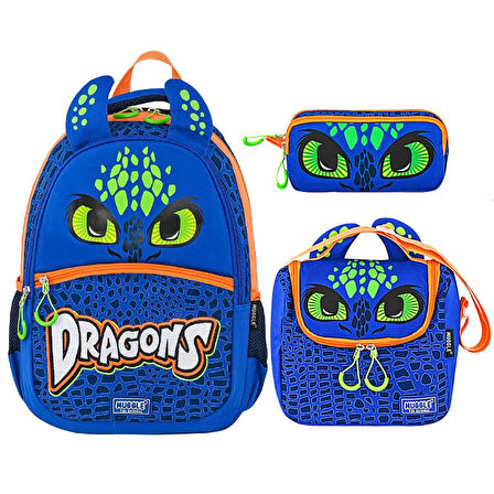 Muggle 3 Bölmeli Dragons Okul Sırt Çantası+Beslenme Çantası+Kalemlik