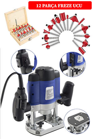 Büyük Boy Çift Kollu Kenar Frezesi Ahşap Dik Freze 6 Kademe Devir Ayarlı +12 Ad Uç Hediyeli