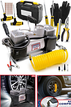 Profesyonel Çift Pistonlu Metal Hava Kompresörü 12 V 150 Psi Araba Lastik Bot Şişirme Full Çanta Set