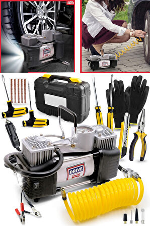 Profesyonel Çift Pistonlu Metal Hava Kompresörü 12 V 150 Psi Araba Lastik Bot Şişirme Full Çanta Set