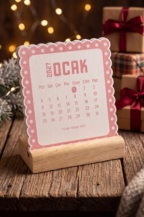 Ahşap Standlı Dalgalı Kesim Pembe Puantiyeli 2027 Masaüstü Takvimi 8,5x9,5 Cm - Estetik Yeni Yıl Hediyesi Çok Renkli