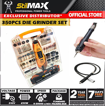 STİLMAX German 350 Parça 450 Watt  6 Kademe Devir Ayarlı Hobi Gravür Zımpara Taşlama Makinesi + Şaft