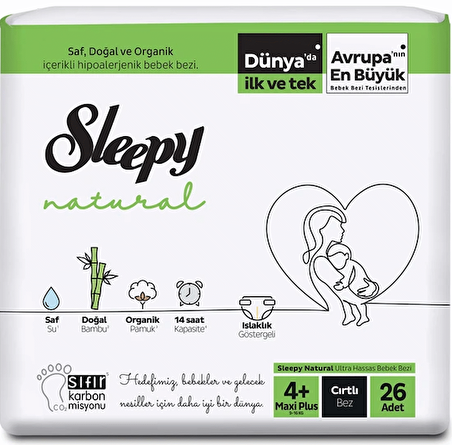 Sleepy Natural Haftalık Paket Bebek Bezi 4+ Numara Maxi Plus 26'lı 9-16 Kg