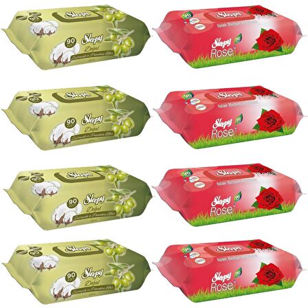 Sleepy Zeytinyağlı Islak Havlu 90 lı 4 Adet + Gül Kokulu 90 lı 4 ADET