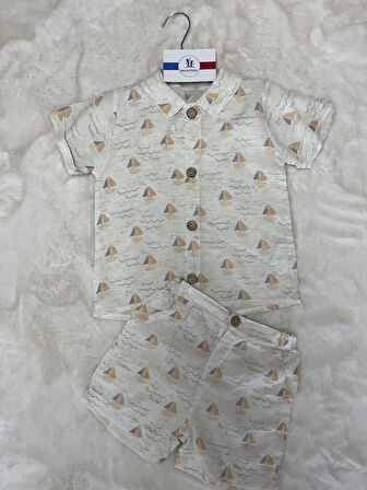 Gemili Şortlu Kısakollu Gömlekli Keten  Takım