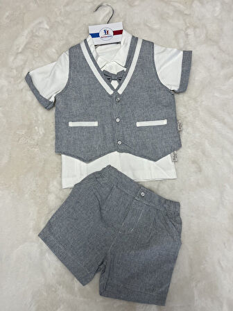 Cepkenli Keten Şortlu Gömlekli  Üçlü Takım