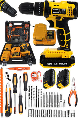 Germany Hybrid Motor 58v 8ah Samsung Çift Akülü Darbeli Şarjlı Matkap Seti 30 Parça Set